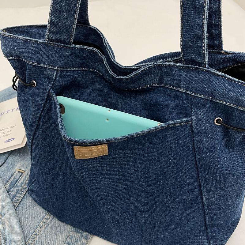 Washed Retro Denim Bag for Women  Versatile  Large Capacity  Shoulder Bag with Cord  Lazy New Bag