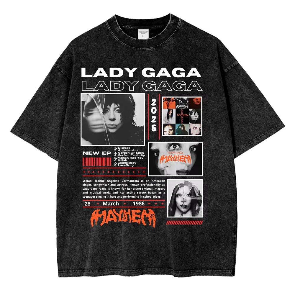 Vintage Washed Lady Gaga The Mayhem Ball Tour T Shirt Fashion Men Women Aesthetic High Quality Acid Wash Cotton