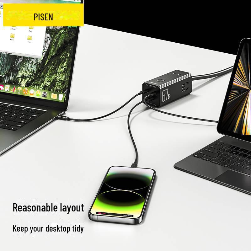 PISEN 67W GaN תחנת טעינה מהירה חכמה מרובת יציאות שקע USB לטאבלטים ומחשבים