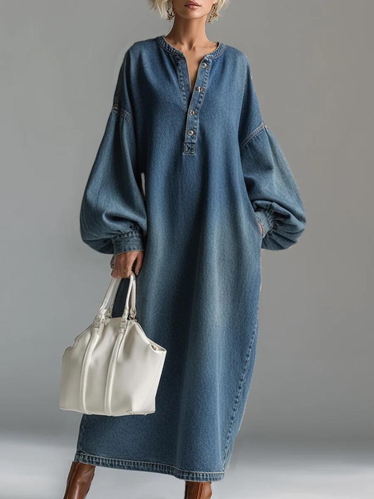 Women's Half Button Stand Collar Lantern Long Sleeve Loose Maxi Denim Dress Vintage Washed Straight Pocket Long Dress Spring Casual
