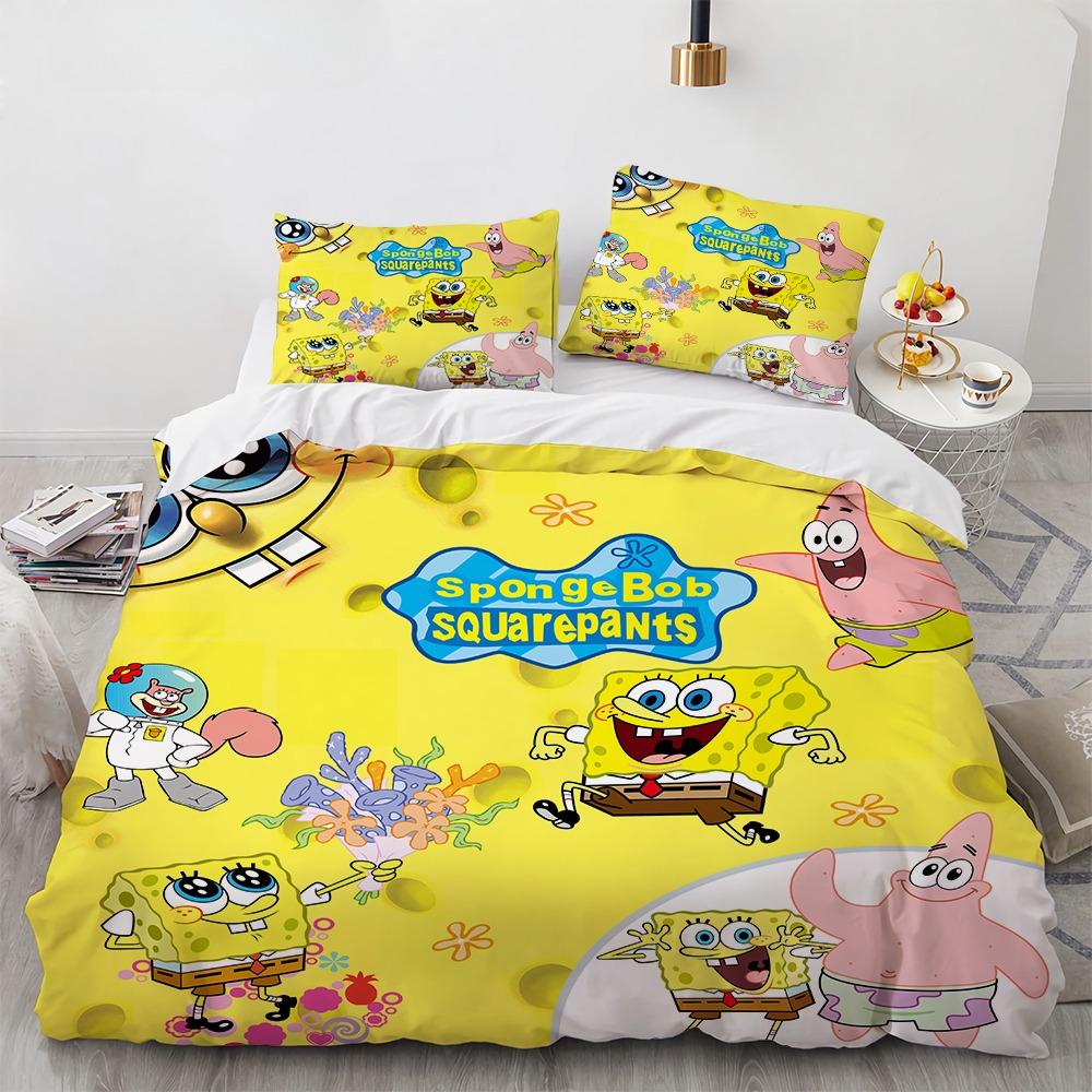 3D Cartoon S-Spongebob Bedding Set Polyester Duvet Cover Pillowcase Kids Bedroom Bed Twin Full Queen Size for Children Room Gift