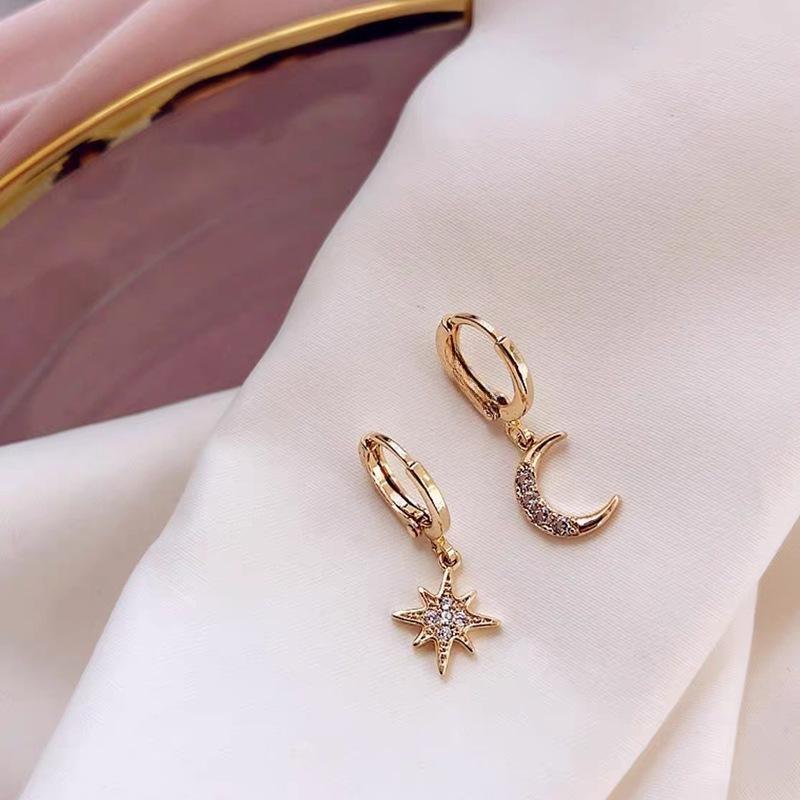 Silver Color CZ Star Moon Asymmetric Hoop Earrings for Women Girls Gold Silver Color Party Jewelry Gifts