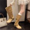 Large Size Street-Stunning Hot Girl Vintage Faded Distressed Long Motorcycle Boots For Women, Autumn/Winter Chunky Heel Workwear Knee-Length Boots