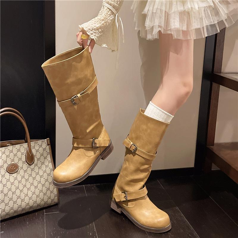 Large Size Street-Stunning Hot Girl Vintage Faded Distressed Long Motorcycle Boots For Women, Autumn/Winter Chunky Heel Workwear Knee-Length Boots