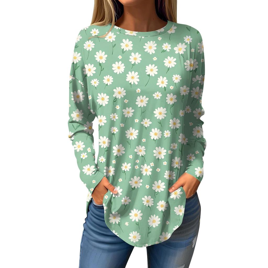 Dames Losse Ronde Hals Print Lange Mouw T-shirt Top Pullover
