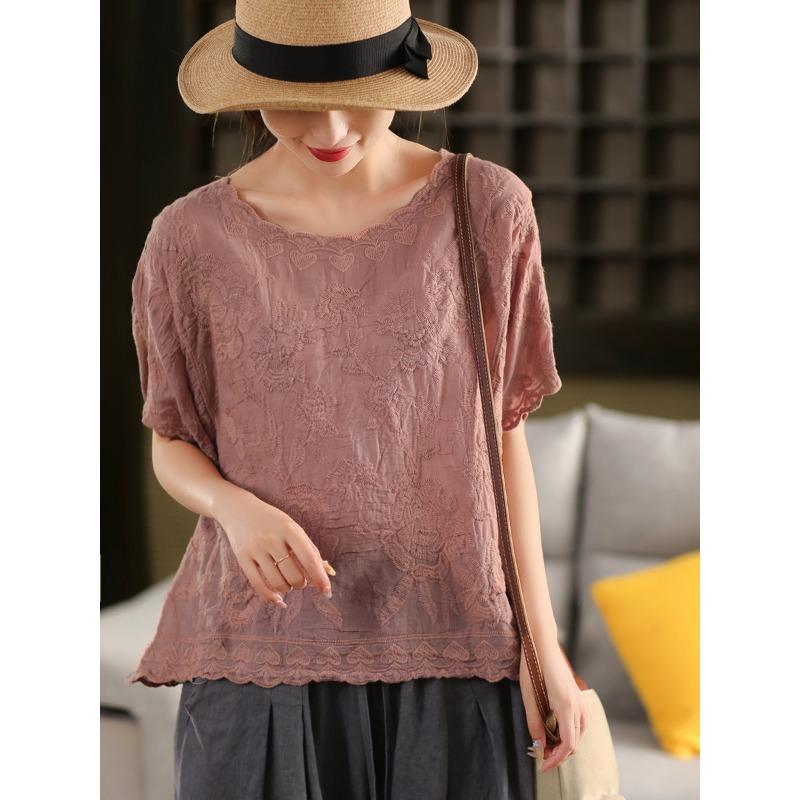 

DIMANAF 2025 Новая Летняя Футболка с Кружевом с О-образным Вырезом Женская Блузка с Коротким Рукавом Топы Футболки Повседневные Свободные Зеленые Футболки One Size