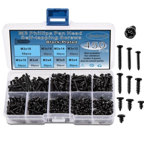 Zmbroll 450pcs Black Wood Screws, M3 Round Head, Self-Tapping Screws, Self-Drilling Metal Screw Kit, Mini Carbon Steel Electronic Screw Assortment