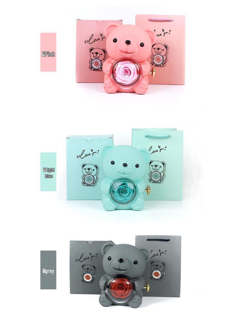 High-Quality Rotating Bear Jewelry Box with Everlasting Flowers - Perfect Valentine's Day Gift