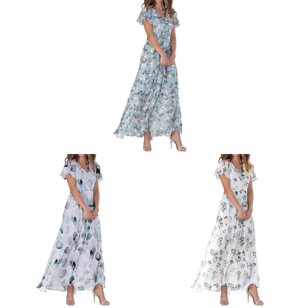 Summer Floral Chiffon Dress With V Neck Short Sleeves For Elegant Casual Wear