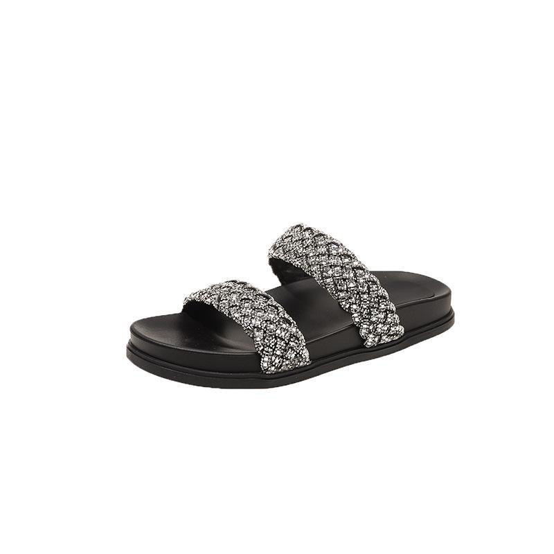 French Thick-soled One-word Slippers for Women's Summer Wear, New Korean Version of Vacation Wind and Rhinestone Comfortable Lazy Cool Slippers