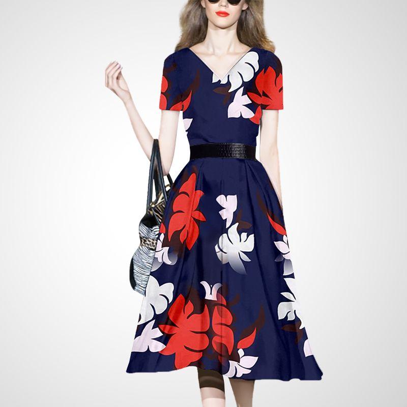 

Платье с V-образным вырезом, летняя мода, элегантное А-силуэта, с коротким рукавом Navy blue + safflower S