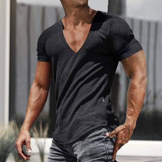 Men Shirt V-Neck Solid Color Breathable Sweat Absorption Quick Dry Dress-up Washable Summer Men Sports T-Shirt Pullover Top for Men