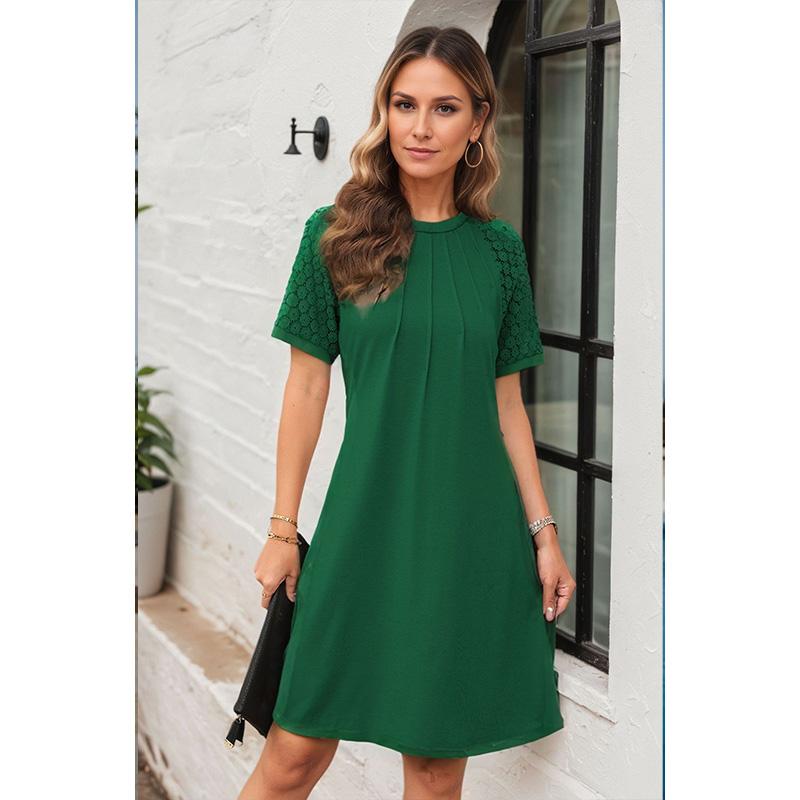 Robe d'été pour femme, couleur unie, ajourée en dentelle, manches courtes, col rond, plissée