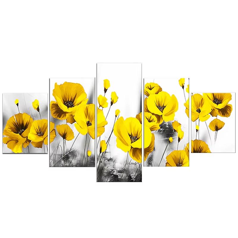 5 Pieces Yellow Flower Canvas Painting Floral Landscape Prints Posters Wall Art Home Decor Living Room Decoration No Frame