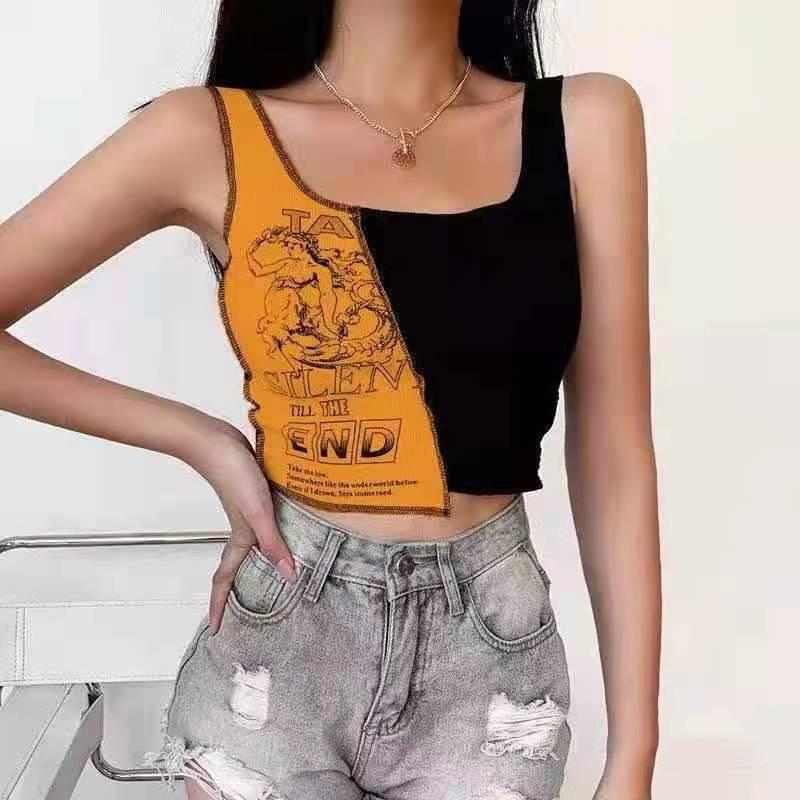 Summer New Retro Personality Color Print Splicing Slim-fit High Waist Slimming Short Small Halter Vest Woman