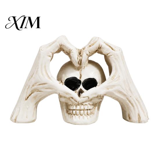 Indoor Tabletop Ornament Gothic Skeleton Hands Heart Sculpture with Skull, Romantic Love Statue, Halloween Resin Bone Texture Decor Shape Finger белый