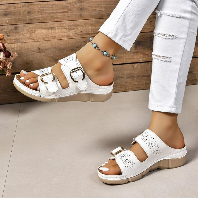 Large size wedge slippers women's summer new belt buckle light outer wear fashion slippers women