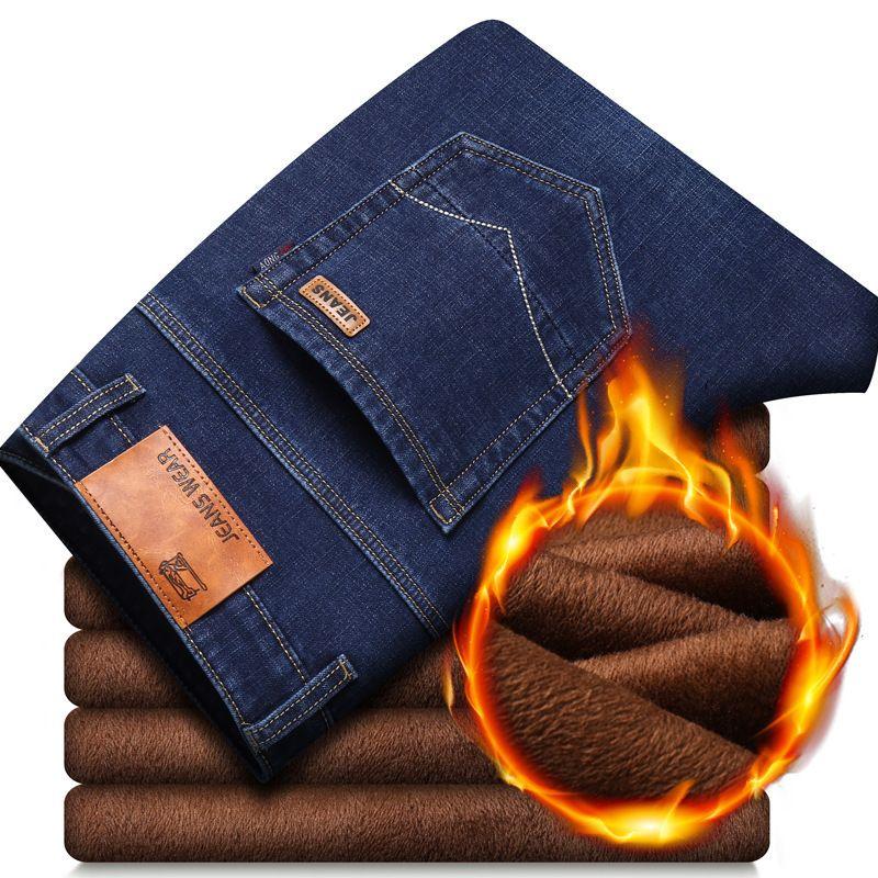 Men's Jeans Winter-Warm Denim Pants Thermal Jeans Business Jeans Warm Padded Warm Straight Pants Plus Size Jeans