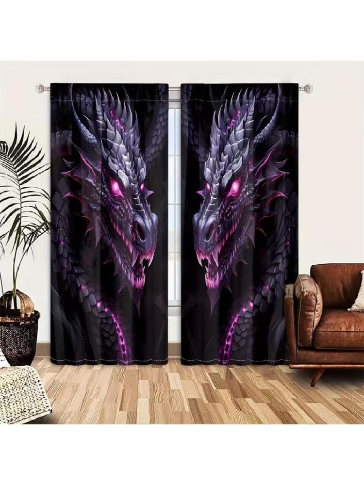 

Set Of 2 Purple Light Black Dragon Design Polyester Curtains Home Decorations Made W100*H70(CM)-Hooks&1PCS