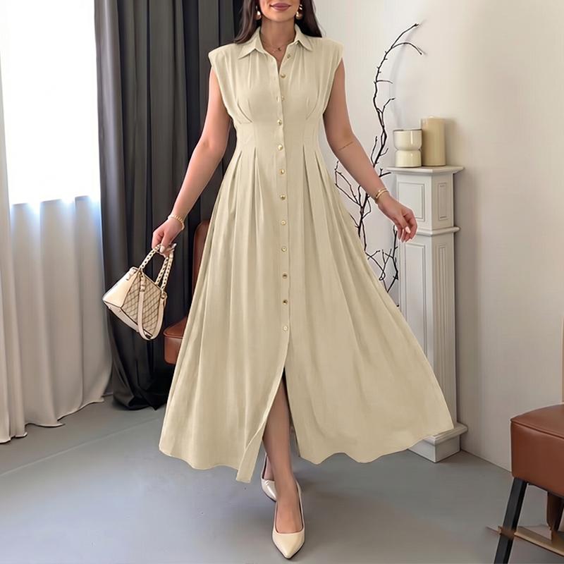 

ZANZEA Women Casual Turn Down Collar Solid Color Loose Sleeveless Long Dress 2XL абрикосовий