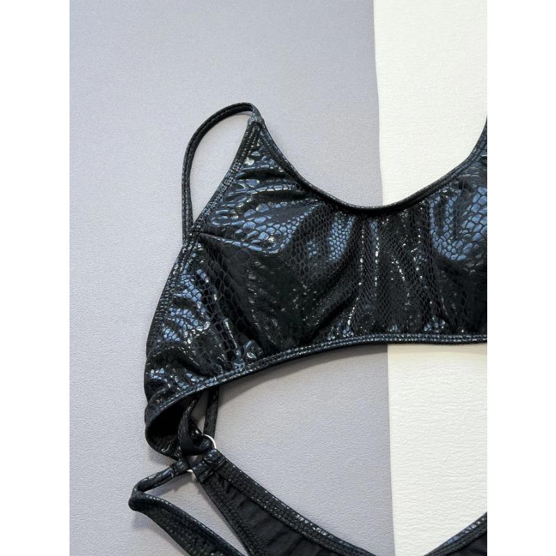 Women Black Snake Print Metallic Swimsuit One Piece Hollow Backless Bikini Swimwear Bathing Suit Beach Outfits Bodysuit Biquini