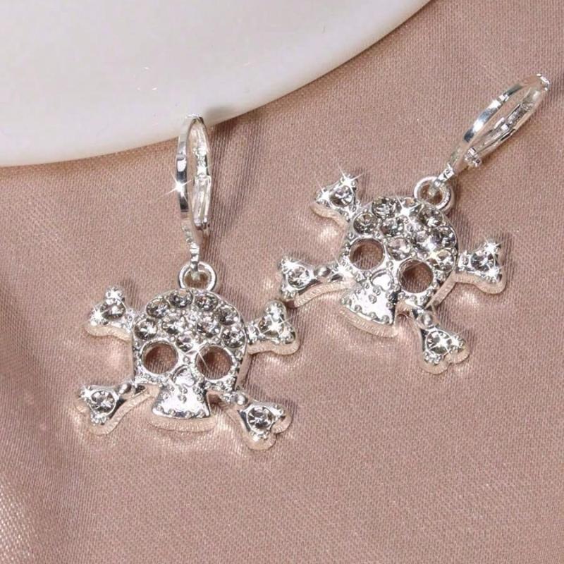 2pcs Glitter Silver Rhinestone Skull Pendant Earrings, Suitable for Halloween & Daily Wear for Women