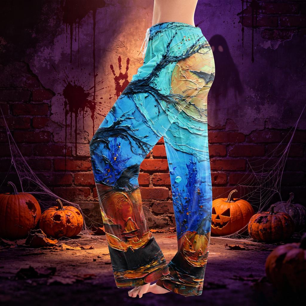 Women Drawstring Waist Halloween Print Long Pants Relaxed Fit Casual Trousers for Seasonal Festive Wear