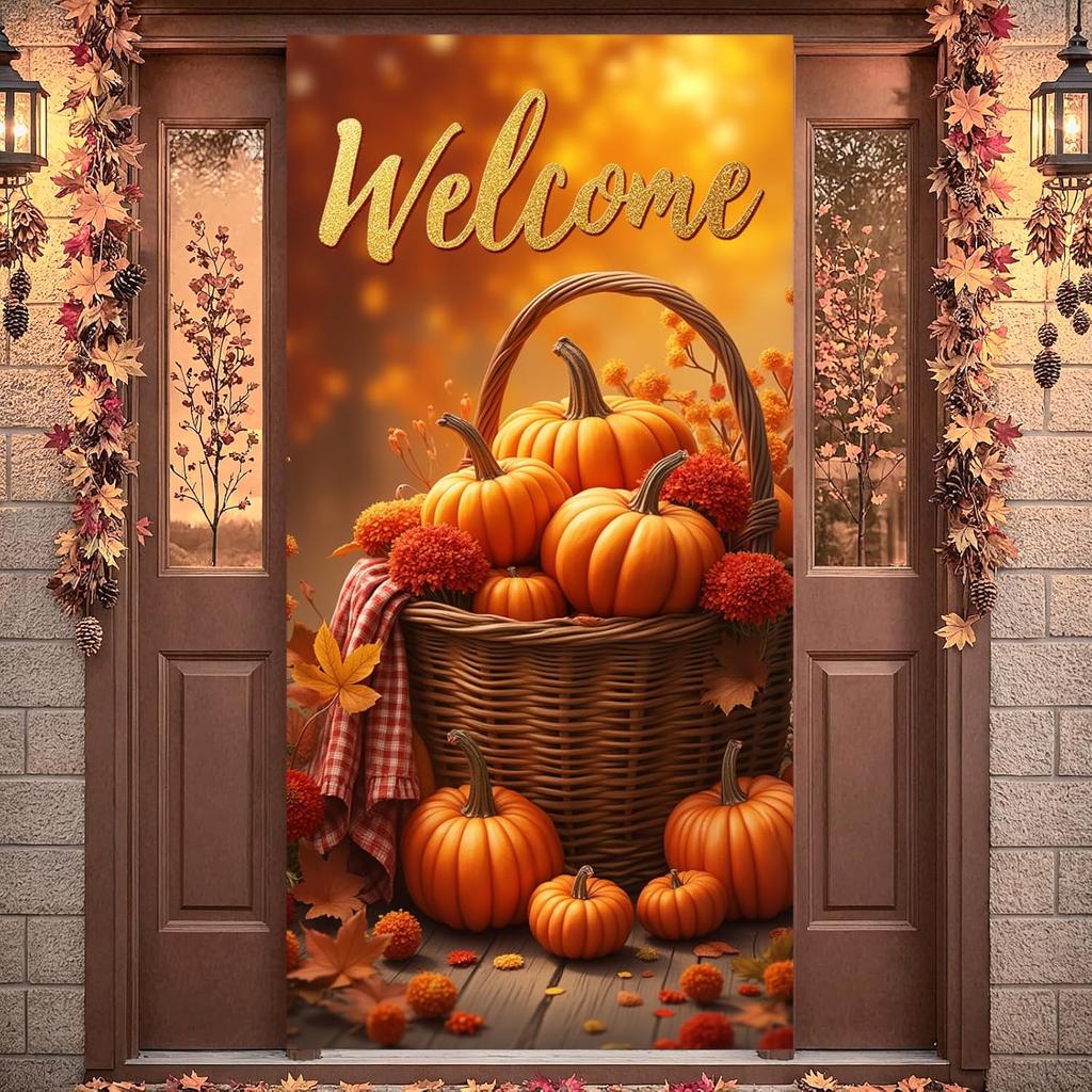 Fall Door Cover, Welcome Autumn Photo Backdrop Happy Fall Door Banner Pumpkin for Farmhouse Autumn Thanksgiving Harvest Festival Decorations and