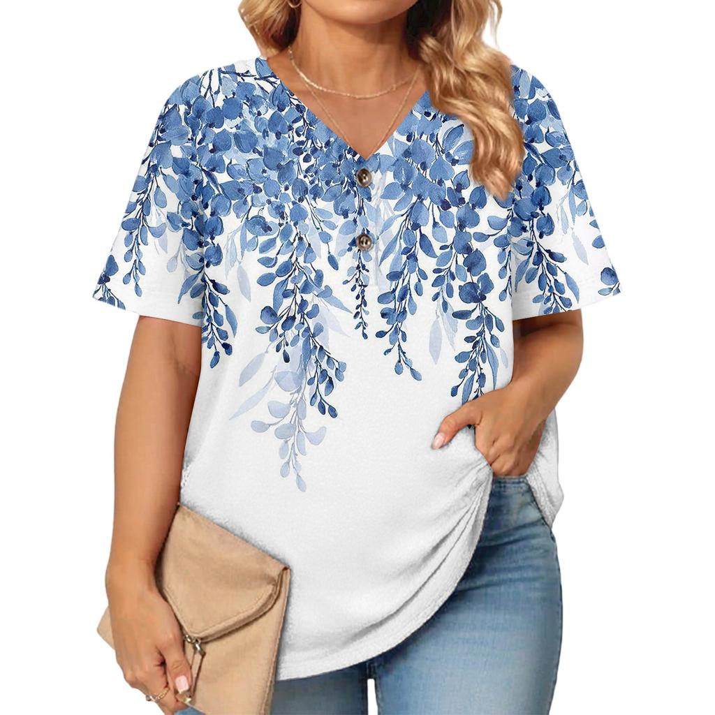 T-shirt Top Casual Stampata da Donna con Scollo a V a Maniche Corte Taglia Larga