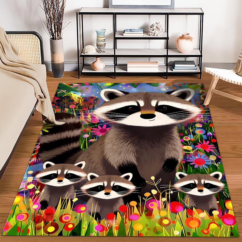 "Colorful Raccoons in Vibrant Floral Meadow Cartoon Design Rug" Suitable for use as an anti-slip for living room bedroom sofas