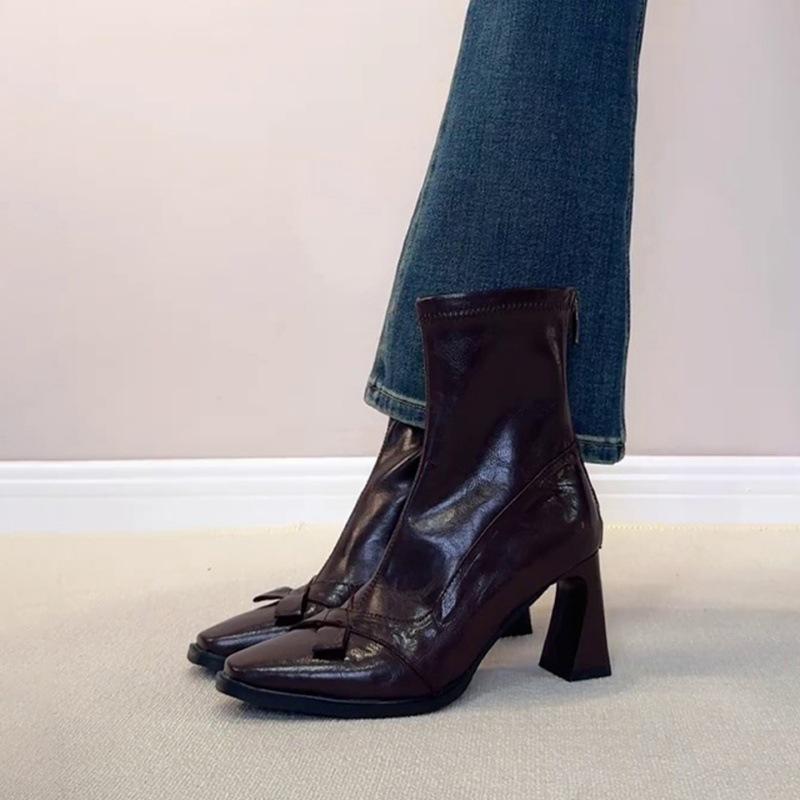 

Soft leather version~ retro bow high-heeled boots small square head temperament thick heel short boots rear zipper elastic thin boots women 40 коричневый
