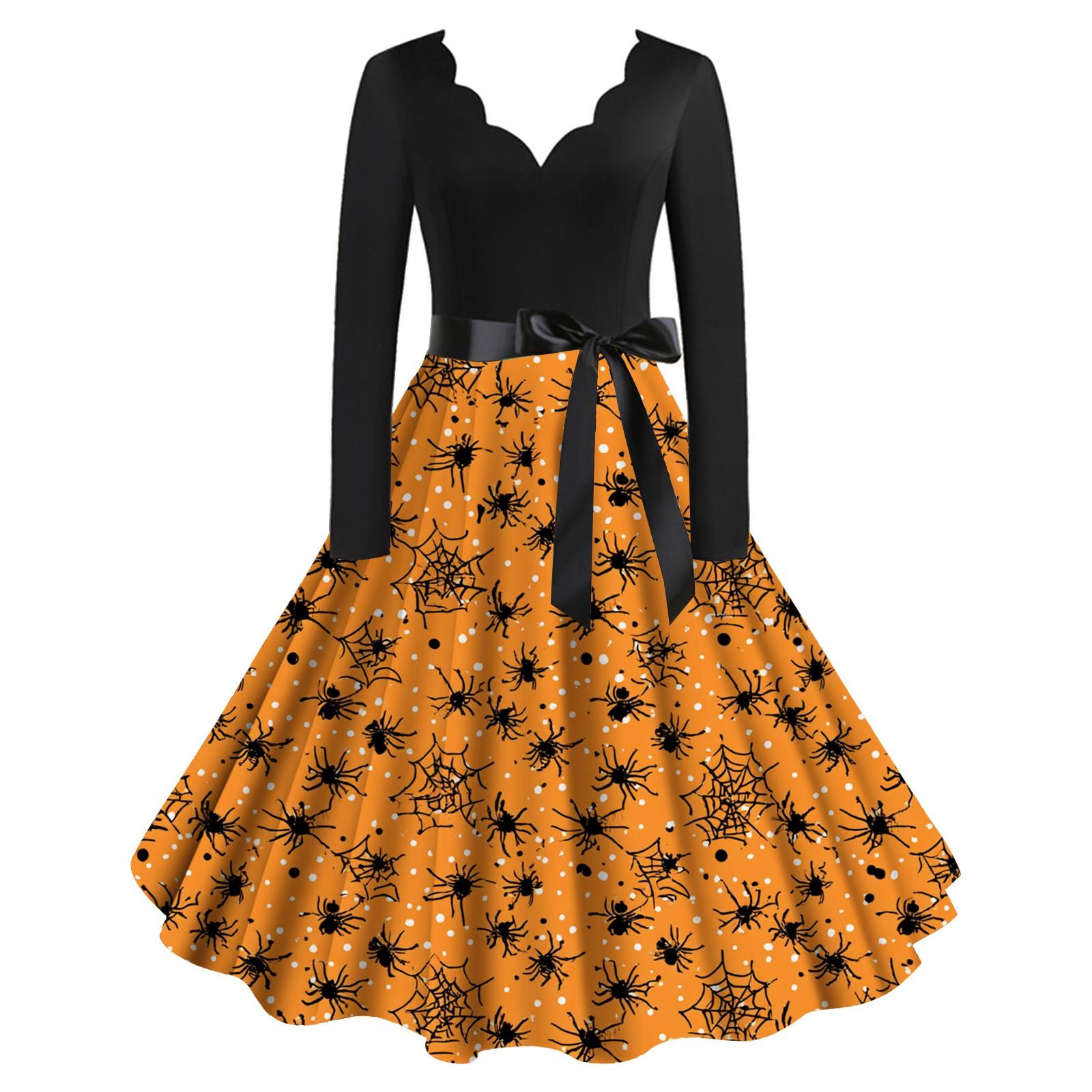 

Расклешенное платье с принтом Хэллоуина для женщин Платье с длинным рукавом Повседневные платья L шафрановый