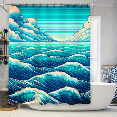 Ocean Blue Waves Shower Curtain with Clouds Waterproof Fabric for Bathroom Decor Artistic Modern Design 72x84 Inches