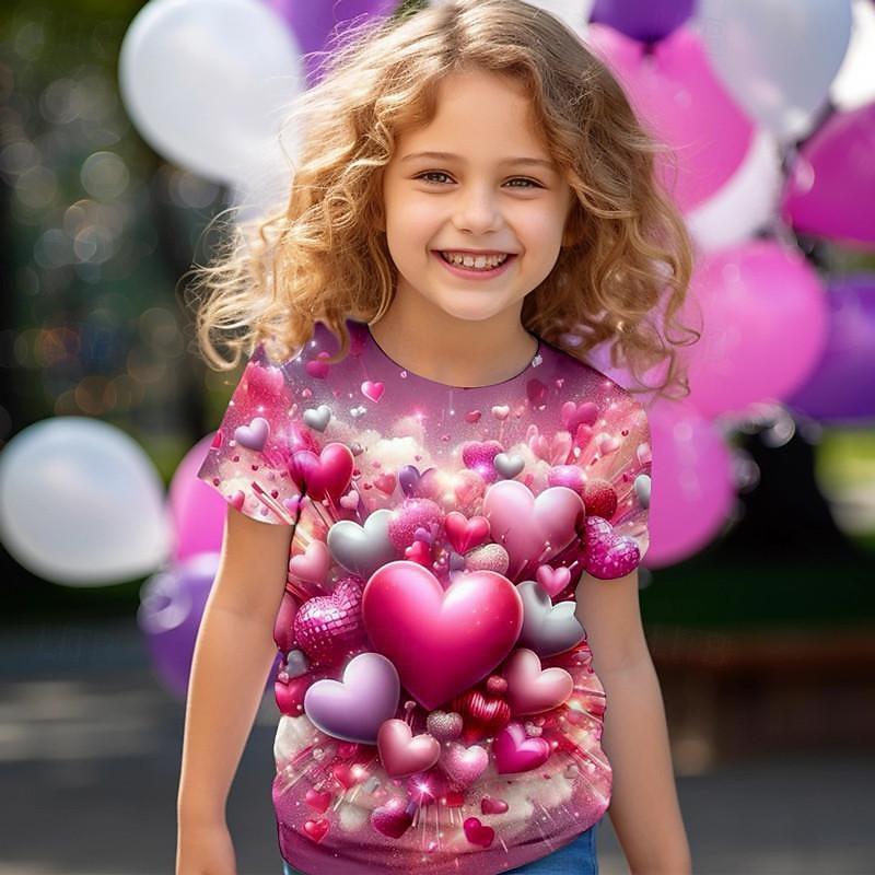Valentines Girls  3D Heart Tee Shirt Pink Short Sleeve 3D Print Summer Active Fashion Top 150