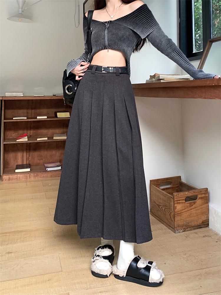 Vintage College Woolen Pleated Skirt Women's Autumn and Winter High Waist Skirt Versatile Umbrella Skirt Medium and Long Skirt