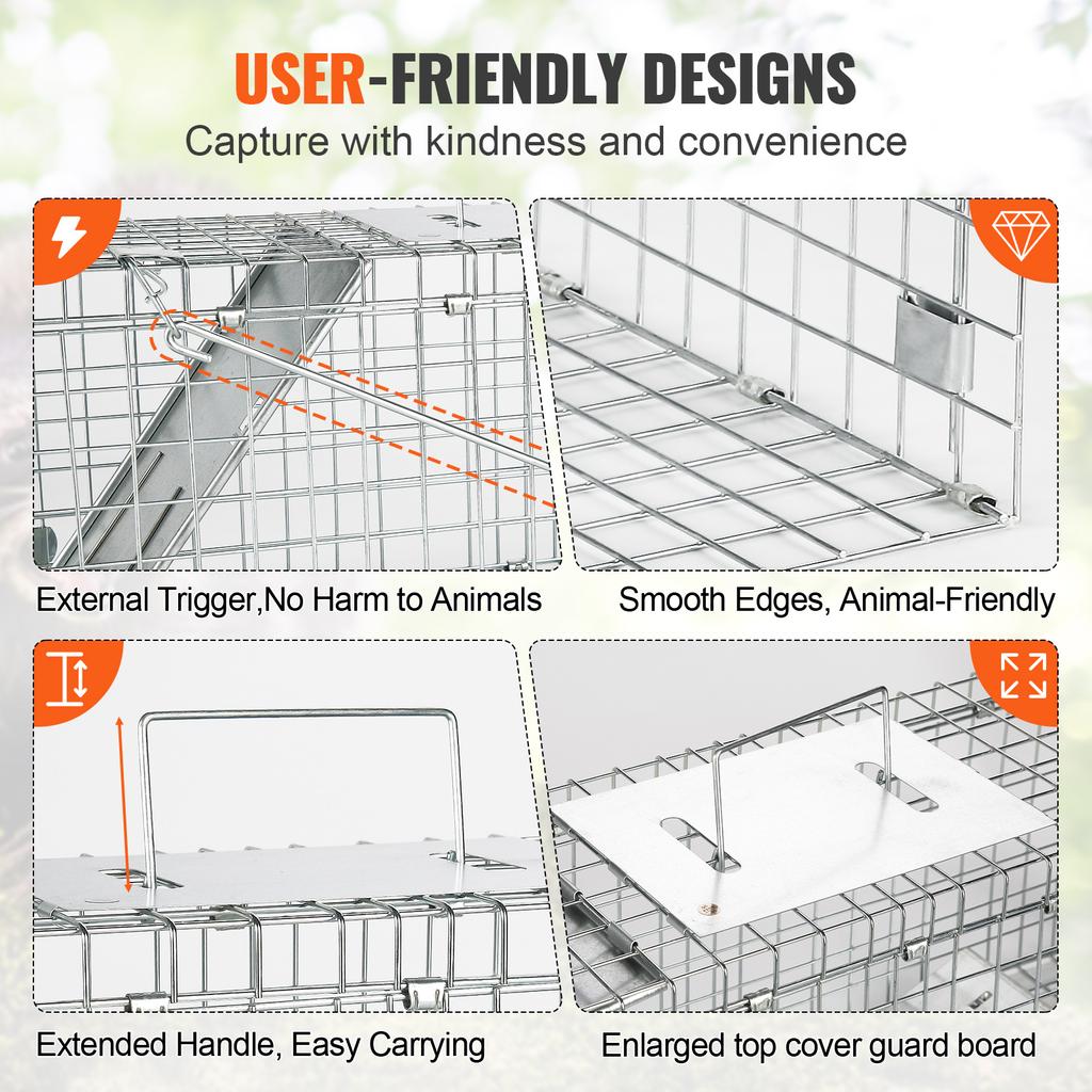 SucceBuy 24/31/42/50in Live Animal Cage Trap Folding Humane Cat Trap Galvanized Iron with Handle for Rabbit Squirrels Groundhogs