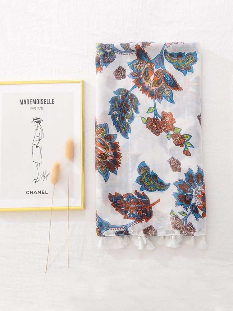 Cotton Linen Women Silk Scarf Sequin Floral Print Shawl Foulard Femme Mujer Pareo Muffler Bufanda Stoles Hijab Bandana Summer
