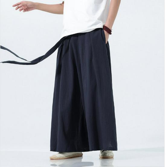 2023 Letní Pánské Volné Bavlněné Lněné Kalhoty s Širokými Nohavicemi - Nový Čínský Styl Ležérní Oblečení