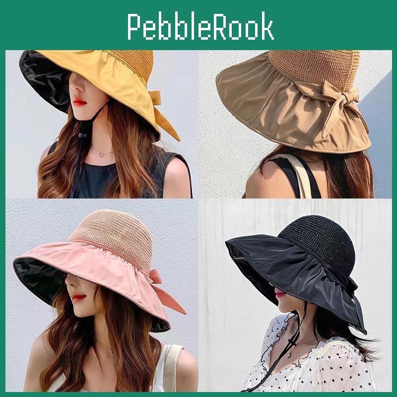 Plastic Hat Bucket To Black Cover The Face Sun Protection Sun Hat Antiultraviolet Sun Hat Womens Bow Wide Brim Hat