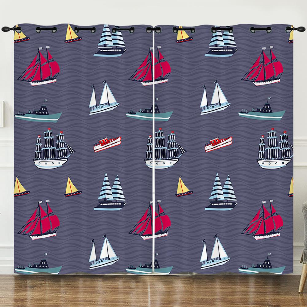 Curtains Cartoon Sailing Digital Printing Blackout Curtains Bedroom No Punching