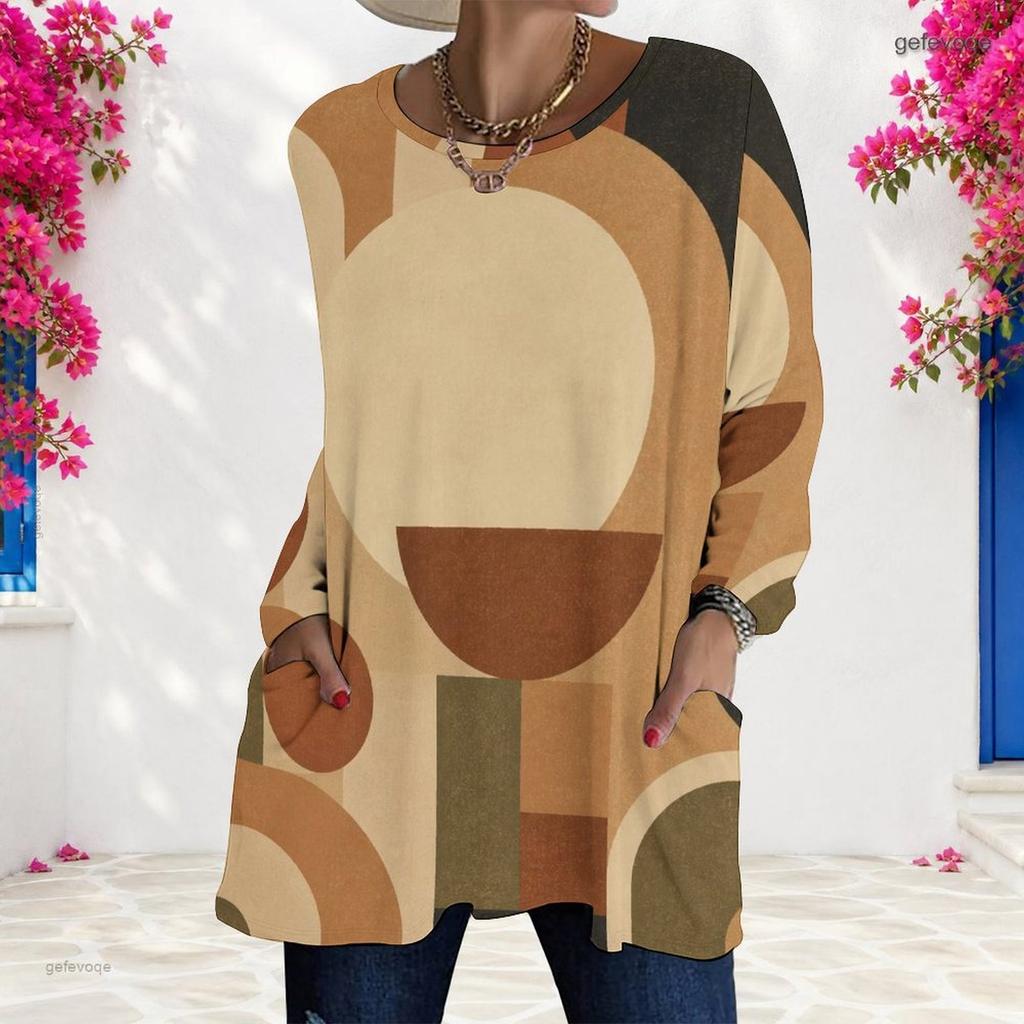 Women Plus Size Round Neck Long Sleeve Pink Purple Plaid Printed Loose Longline T Shirt With Pockets