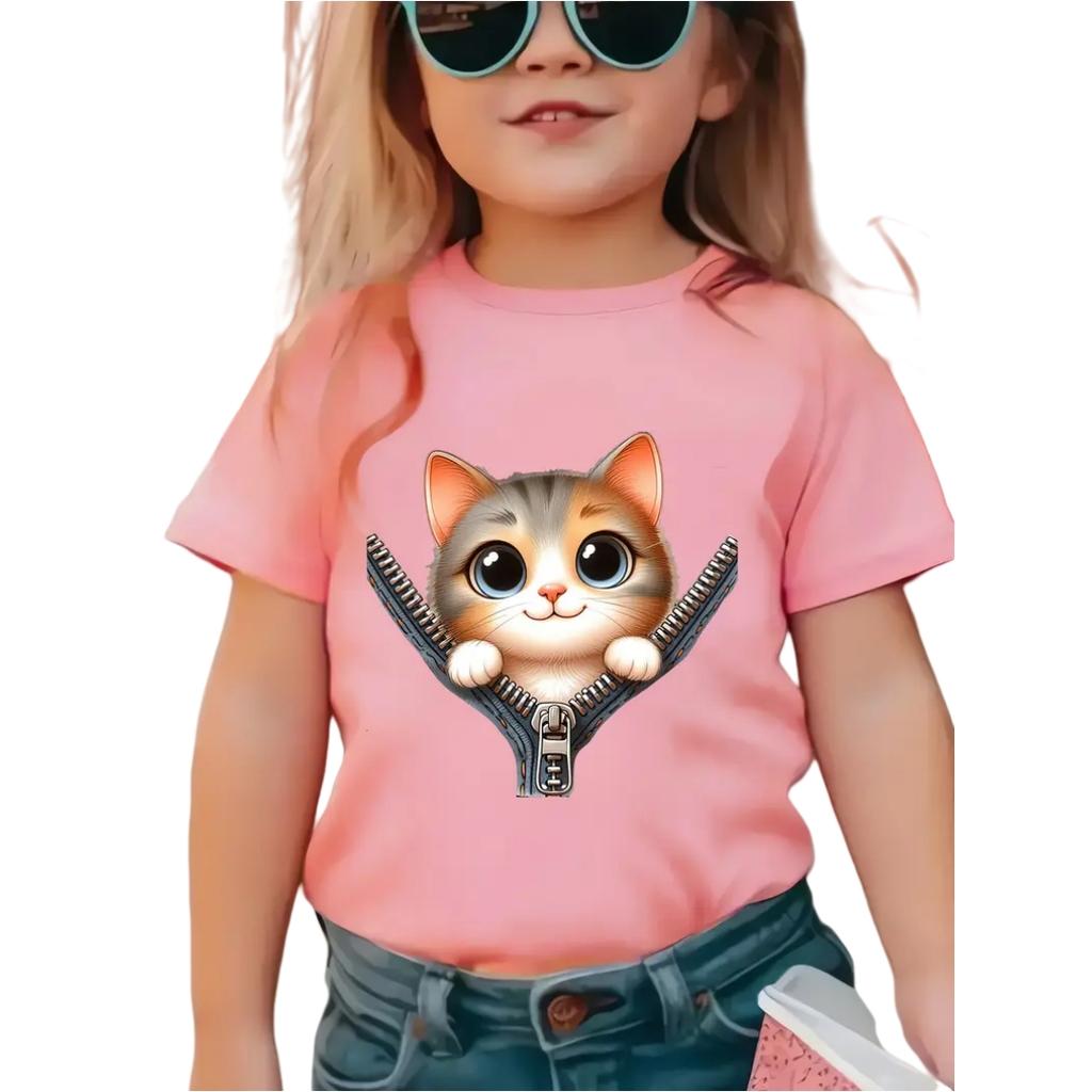 Cat Girl T-Shirt Short Sleeve Tees Girl Clothes Round Neck Top Fashion Junior Girls' Clothing Cute Outdoor Kids T-Shirts