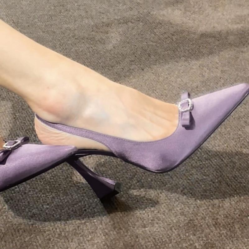 Purple satin horseshoe heel bow sandals women's pointed rhinestone buckle sexy high heels