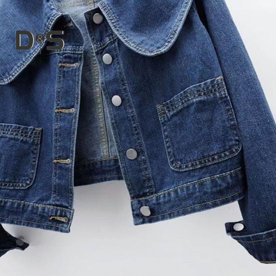 Women Denim Jacket Retro Single-breasted Doll Collar Long Sleeves Solid Color Side Pockets Lady Coat Commuting Shopping Coat