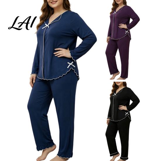 Breathable House Clothes for Ladies Women's Plus Size Pajama Set Long Sleeve Top And Pants Cozy Loungewear Women with Bow Ruffle 2 Piece Soft