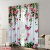 2PC Pink Rose Butterfly Striped Sheer Curtains - Romantic Garden Print Window Drapes for Bedroom Living Room Decor