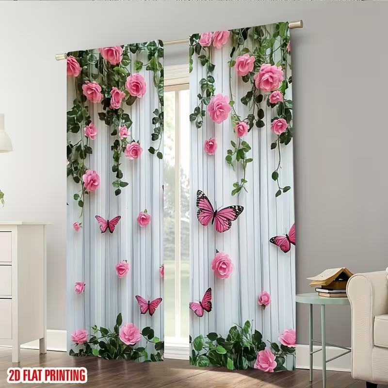 2PC Pink Rose Butterfly Striped Sheer Curtains - Romantic Garden Print Window Drapes for Bedroom Living Room Decor