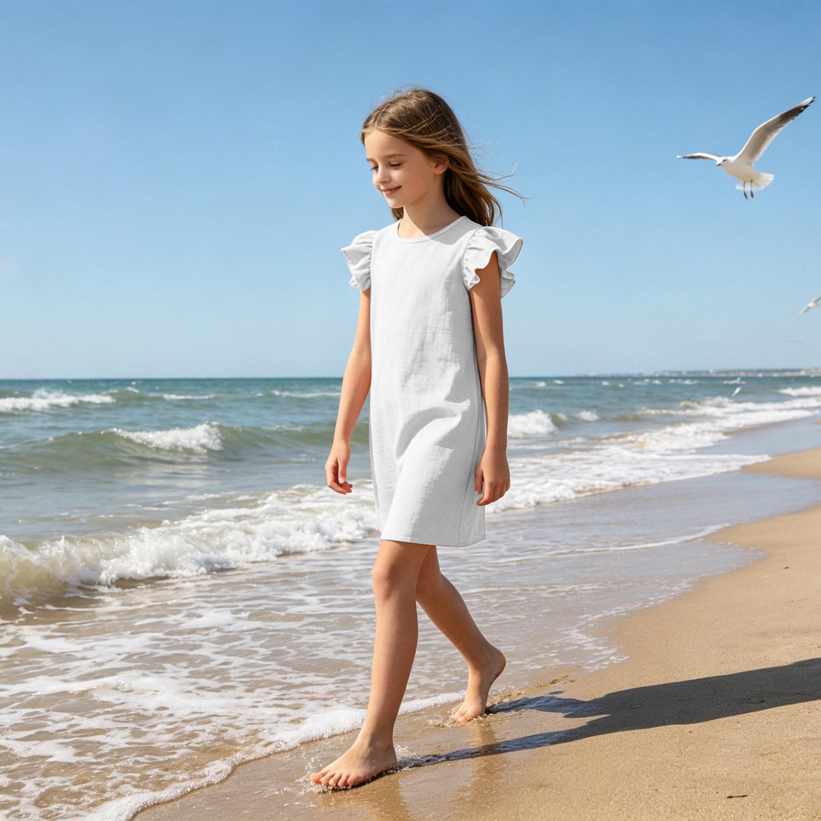 

Girls Linen Dress - Summer Breathable Casual Sundress 160 білий