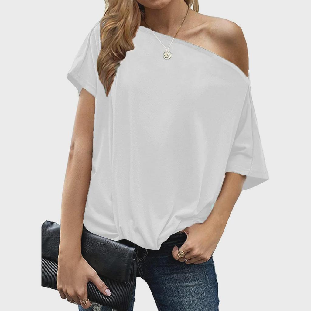 Women's Irregular One-Shoulder Solid Color Loose Short-Sleeved Top
