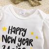 Baby Girl "Happy New Year" Print Cotton Bodysuit Fireworks Print Pants With Headband Outfit Set